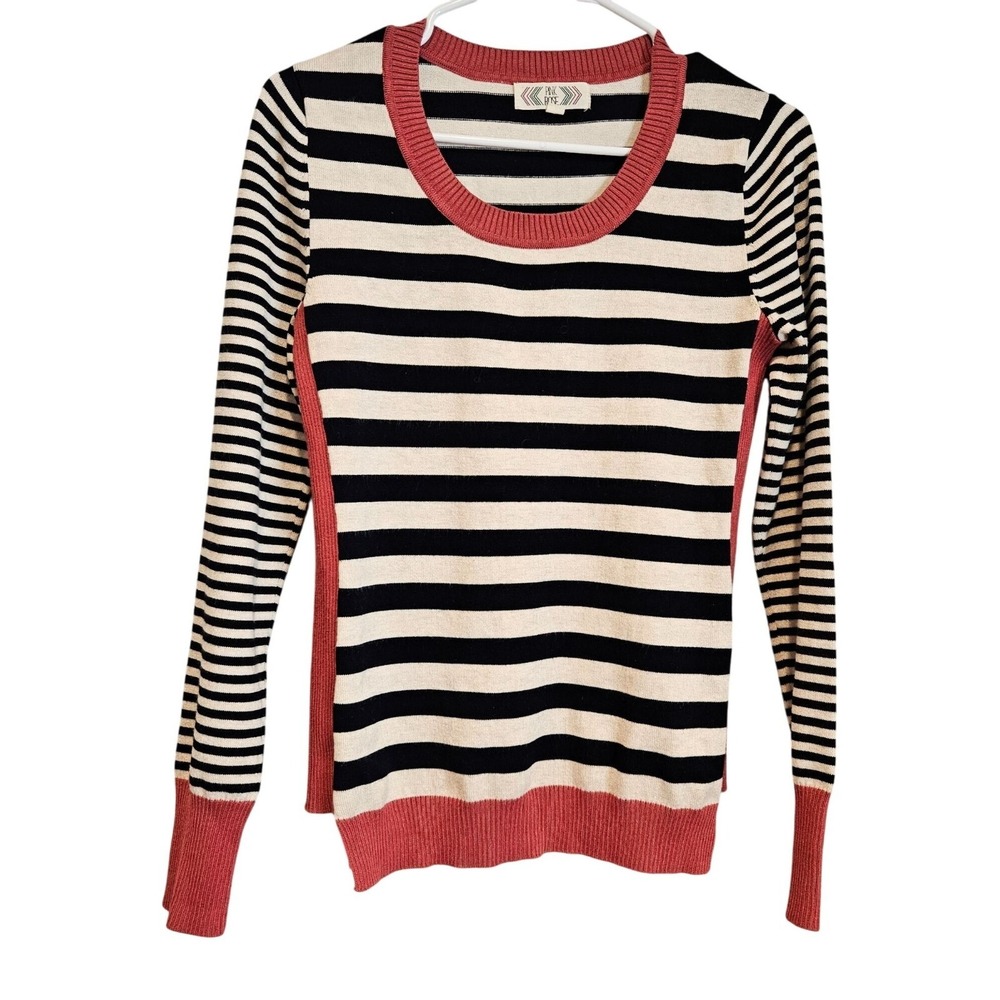 Pink Rose Woman Size M Light Weight Striped Sweater Rib Trim Colorful Hipster